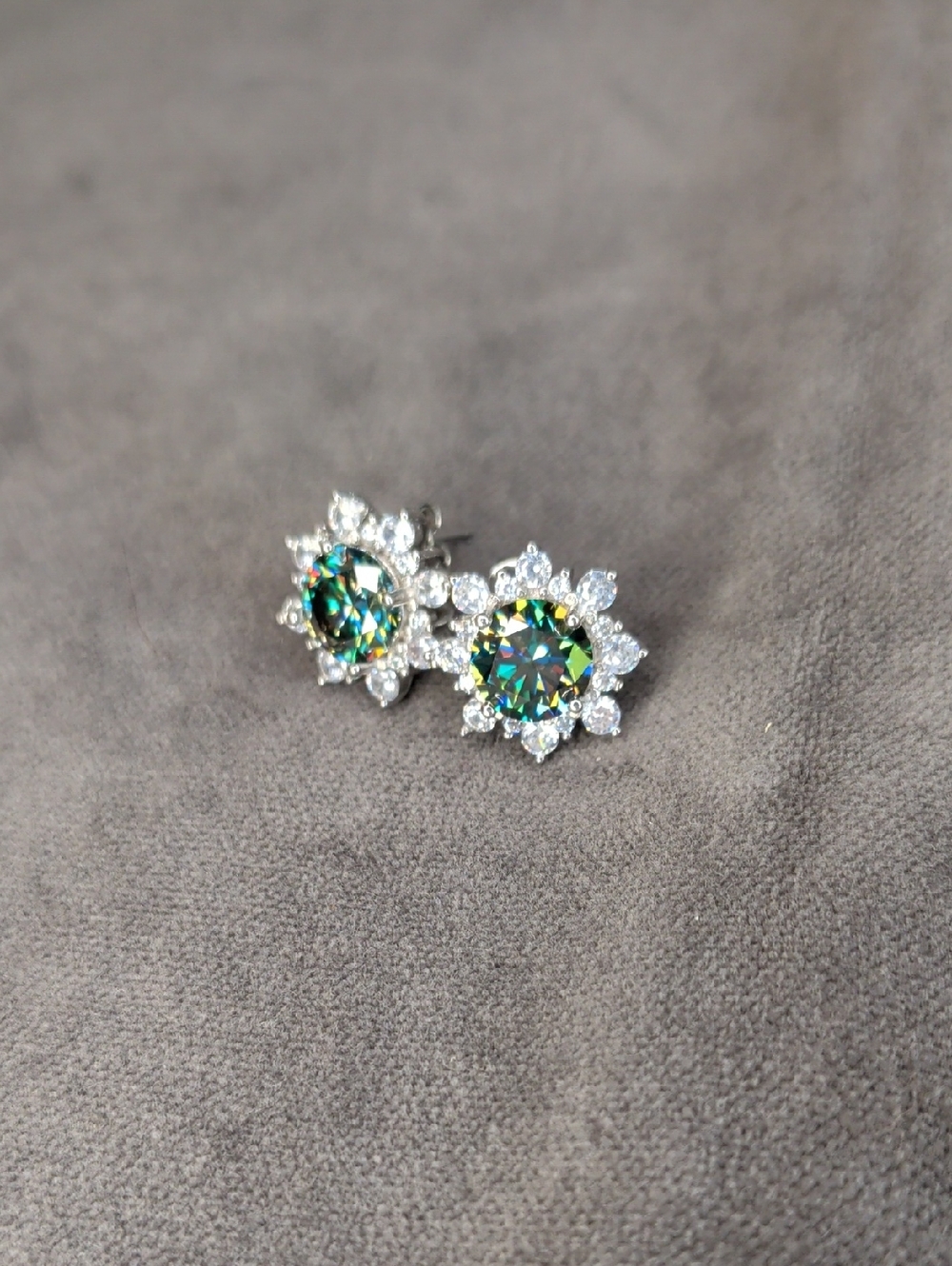 Mystic Green Halo Moissanite Flower Stud Earrings - WG Plated